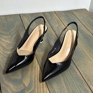 Xin Jing Shoes Black Patent Faux Leather Sling Back w/Nude Heel - Size 5.5 (M9)